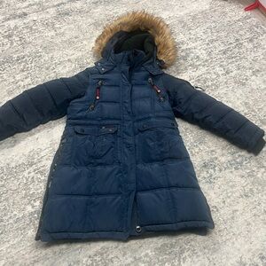 Women's Navy Parka with Faux Fur Trim